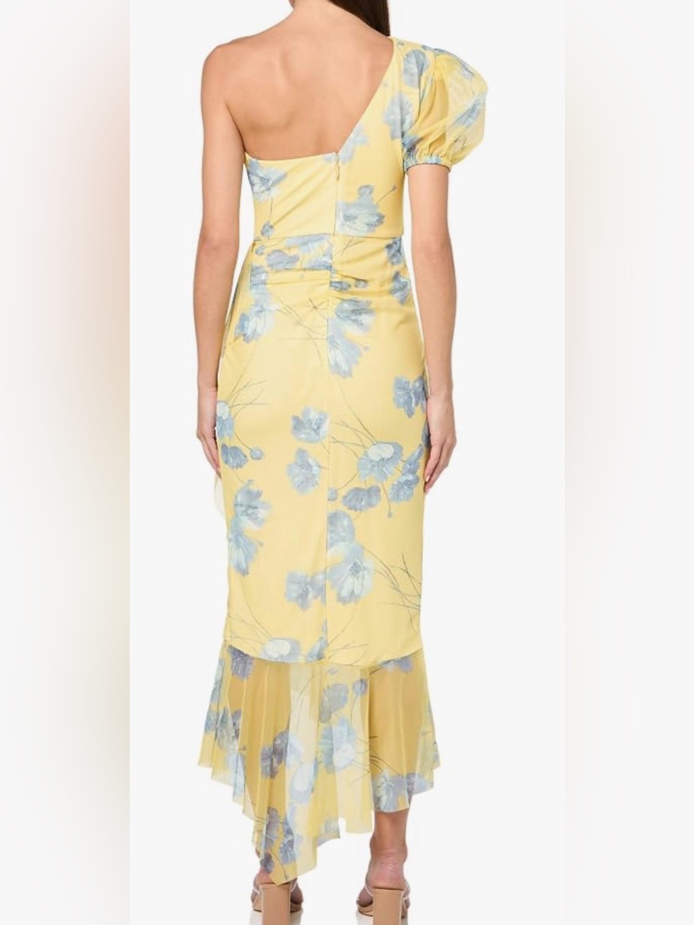 BCBGMaxAzria Yellow One-Shoulder Floral Midi Dress with Blue Print